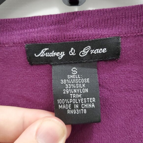 Audrey & Grace Women's Purple Silk Blend Rosette LS Button Up Knit Cardigan Sz S - Picture 5 of 7
